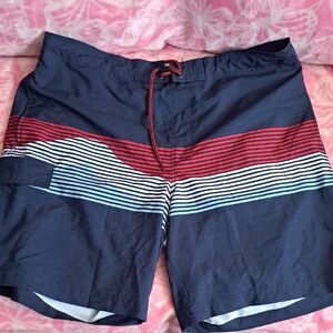 George Navy Swim Shorts with Red and White Stripe Detail